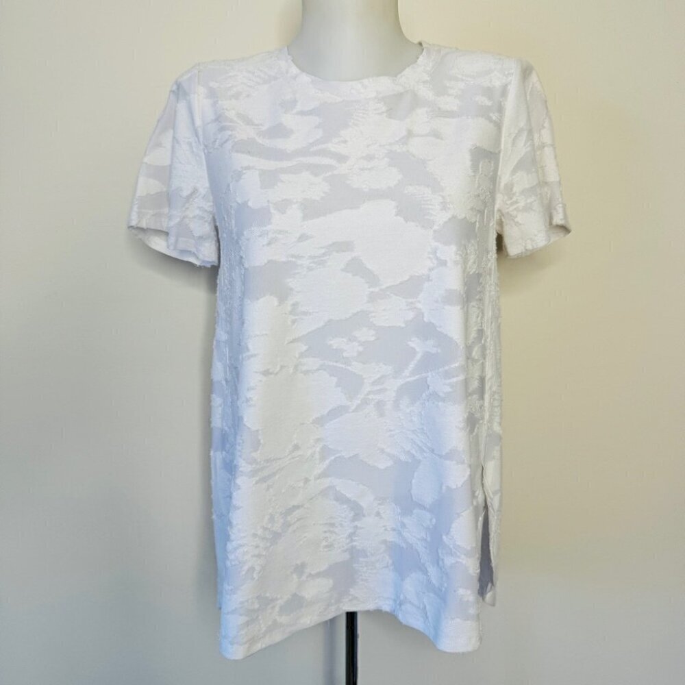 NWT Cupio White Blouse Sheer Burnout Floral Short Sleeve Vented Round Hem Sz M